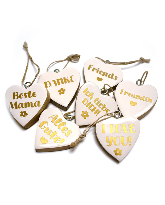 Holz-Anhänger Herz mit Botschaft - weiß/gold