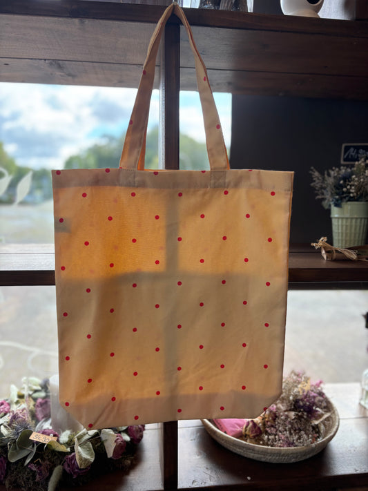 Tasche Beutel aus Baumwolle mit Muster in hell Gelb mit orangen Punkten