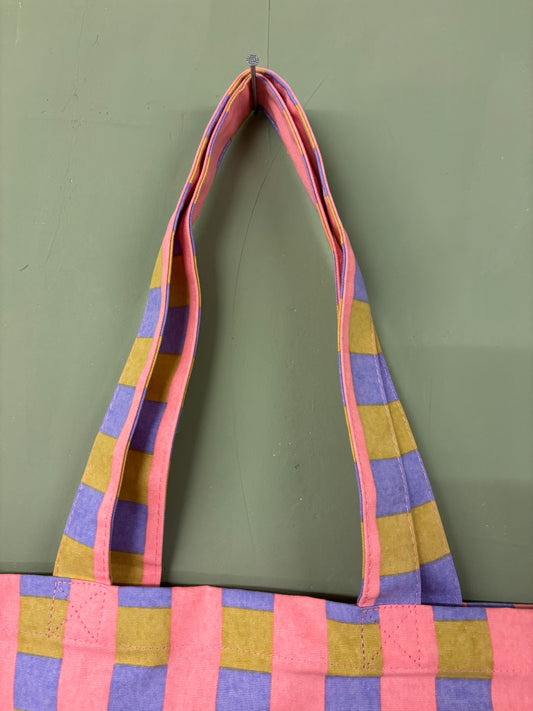 Tasche Beutel aus Baumwolle mit Muster in Rosa Blau Senf