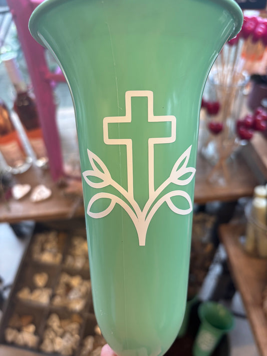 Grabvase aus Kunststoff in Rosa/hellgrün "Kreuz"