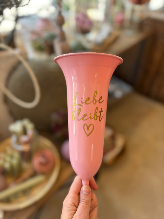 Grabvase aus Kunststoff in alt Rosa goldene Schrift ''LIEBE BLEIBT"