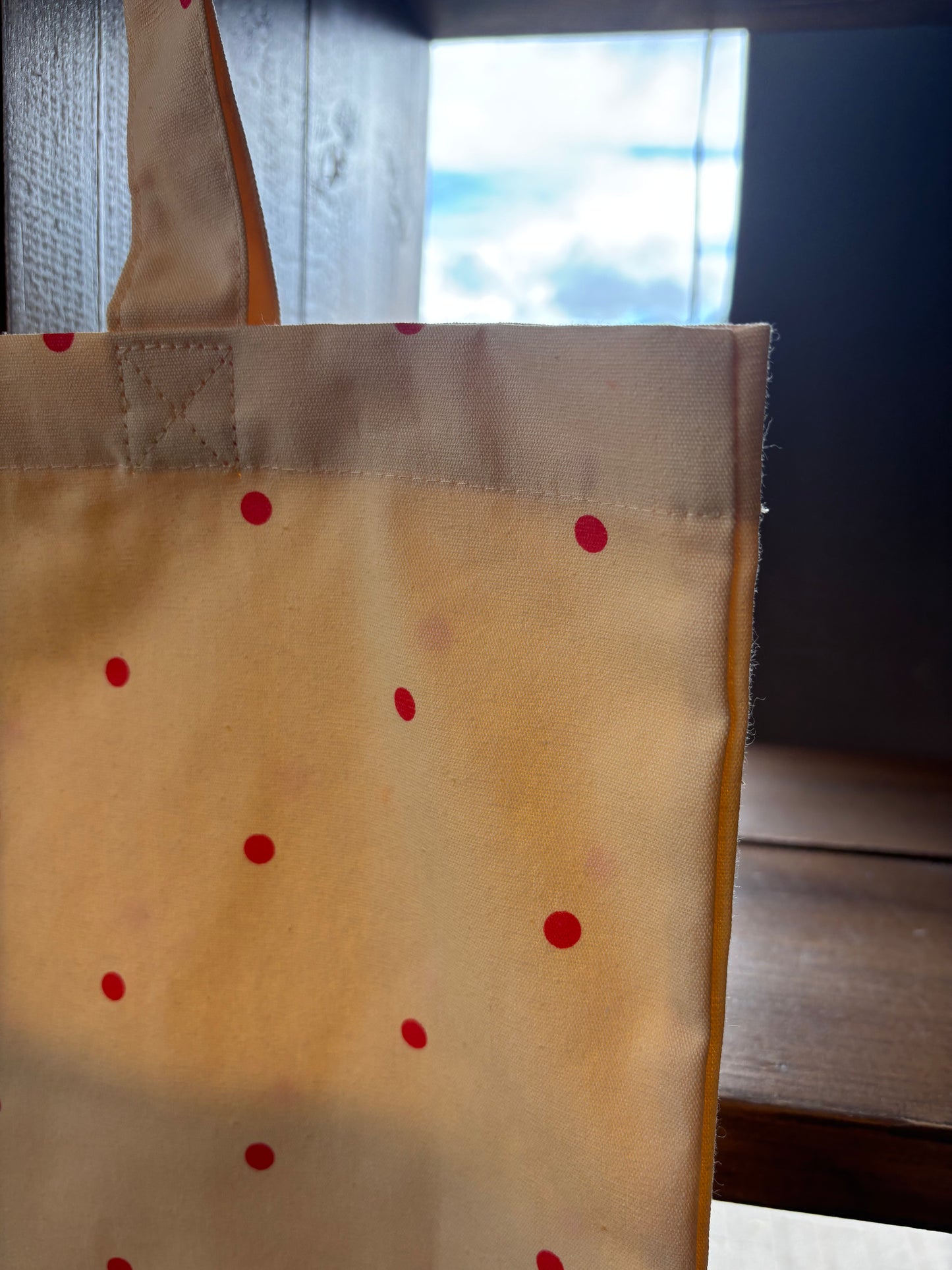 Tasche Beutel aus Baumwolle mit Muster in hell Gelb mit orangen Punkten
